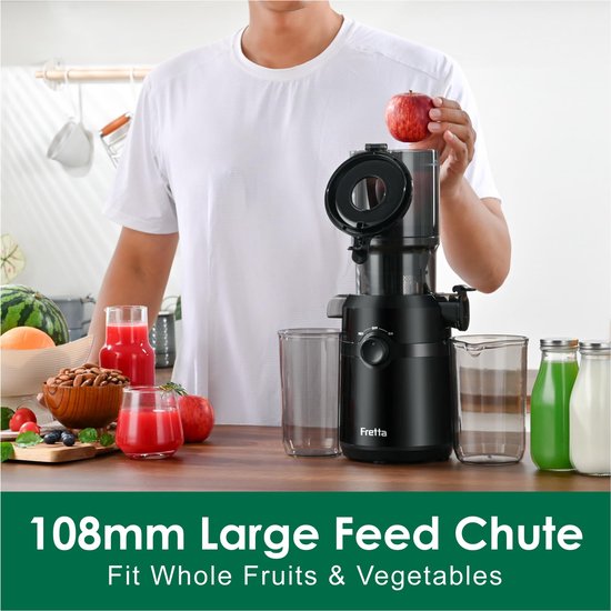 SnelShoppen - Koude Pers Sapcentrifuge - Fretta Slow-Masticating Sapcentrifuge met 108 mm Invoer, 1,0 L Trechter, 200 W, BPA-vrij Tritan, Zwart - Voor