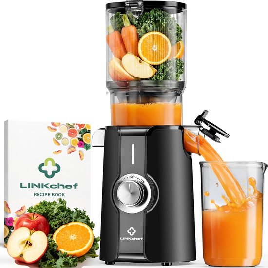 SnelShoppen - LINKChef Slow Juicer - Fruit en Groente Juicer, Testwinnaar, 115 mm Invoergrootte, BPA-vrij, 200 W, Zwart, Ideaal voor Keuken en Gezonde