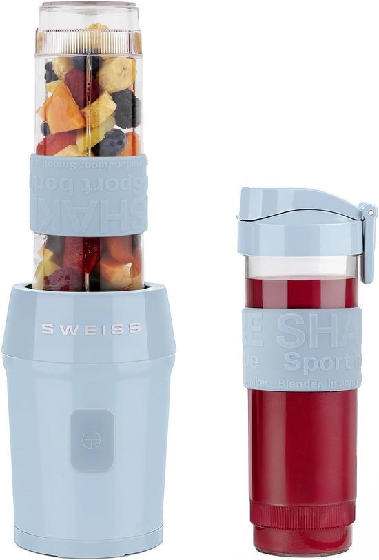 SnelShoppen - Mini Blender, Draagbare Mixer, Smoothie Maker met 2 Drinkflessen 570 ml, 300W, Roestvrijstalen Mesjes, Afwasmachinebestendig, Blauw