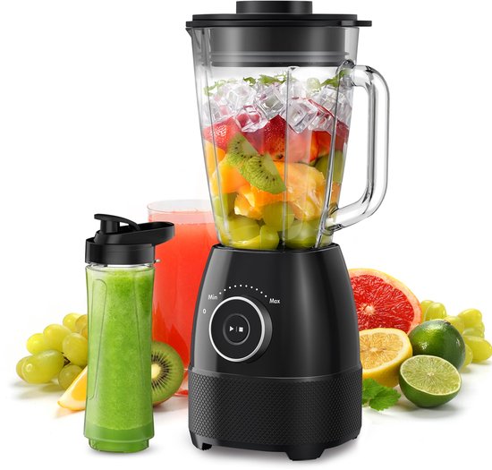 SnelShoppen - Mixer, Smoothiemaker, Blender 1500 Watt, Hogesnelheidsmixer met Glazen Reservoir 1,5 Liter, 600 ml Flessen, BPA-vrij Tritan, Instelbare