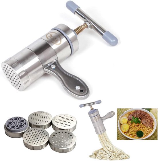 SnelShoppen - Multifunctionele Pastamachine en Groente- en Fruitpers van Roestvrij Staal - 5 Noodle Vormen - Keukenaccessoires voor Versgemaakte Pasta