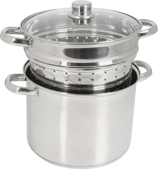 SnelShoppen - Olympe Pasta Koker 8 Liter RVS met Glazen Deksel en Pastabasket - Voor Inductie en Alle Fornuizen - Perfect voor Pasta en Groenten - Gri