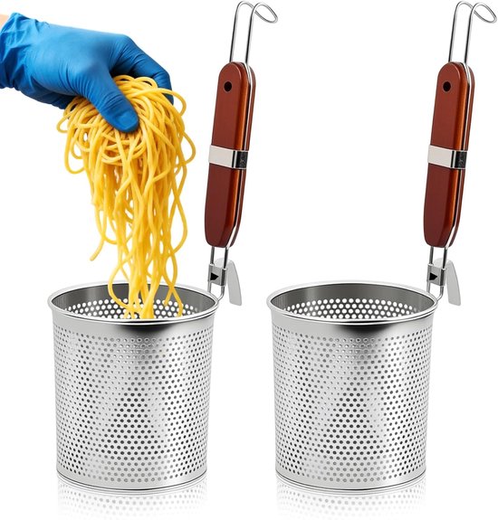 SnelShoppen - Pack van 2 Pasta Mandjes, Microperforated Colander, RVS, 14 cm + 12 cm, Pasta Strainer met Houten Handvat voor Pasta, Groenten, Dumpling