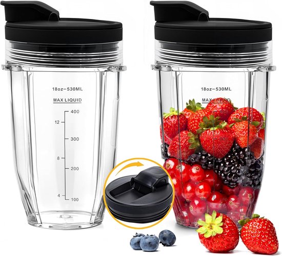 SnelShoppen - Pack van 2 Vervangende Blenderbekers 532ml met Sip & Seal Deksel voor Ninja Blenders, Geschikt voor Auto IQ, Keuken Accessoires, Blender