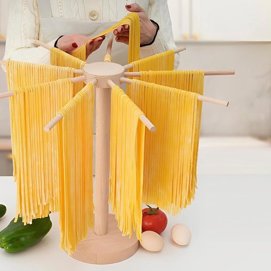 SnelShoppen - Pasta Droogrek, Pastamaker van Hout, 46 x 40 cm, voor tot 4.5 kg Verse Pasta, 9 Afneembare Armen, Herbruikbaar Spaghetti Droogrek voor T