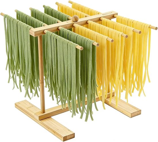 SnelShoppen - Pasta Dryer, Houten Pasta Machine, Vouwbare Pasta Stand met Overdraai Stang en 12 Stangen, Ideale Droogstand voor Spaghetti en Zelfgemaa