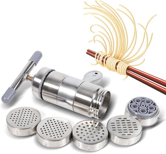 SnelShoppen - Pasta Machine RVS, Handmatig, Draagbaar, Voorverse Pasta, 5 Vormen, Keukenaccessoire, Eenvoudig te Gebruiken, Duurzaam en Roestvrij