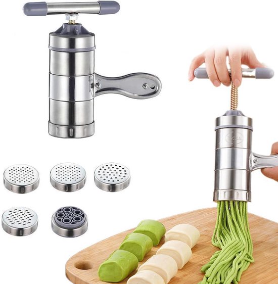 SnelShoppen - Pasta Machine RVS Handmatige Pasta Maker, Draagbare Spaghetti Machine met 5 Pasta Mallen, Vers Pasta Maker voor Thuis of Restaurant, 18
