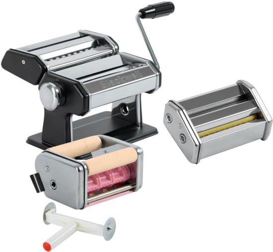 SnelShoppen - Pasta Machine Set Zwart met 2 Accessoires - Maak Vers Tagliatelle, Spaghetti, Ravioli en Meer - Inclusief Tafelklem - 7 Dikte Instelling