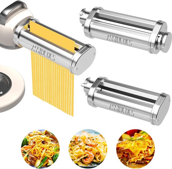 SnelShoppen - Pasta Maker 3 in 1 voor KVC/KVL Foodprocessors, RVS Pasta Accessoire met Spaghetti en Fettuccine Snijders, Keuken Must-have voor Thuis K
