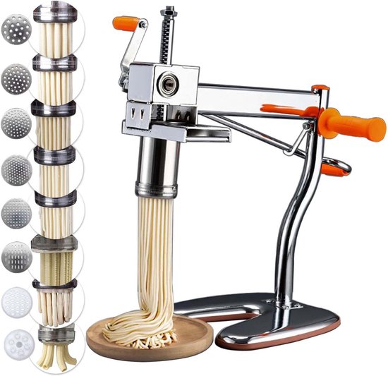 SnelShoppen - Pasta Maker Machine | Noodle Maker met 8 Mallen voor Thuisgebruik, Stalen Pastapers, Maak Maccheroni, Fettuccine & Tagliolini, 30s Snell