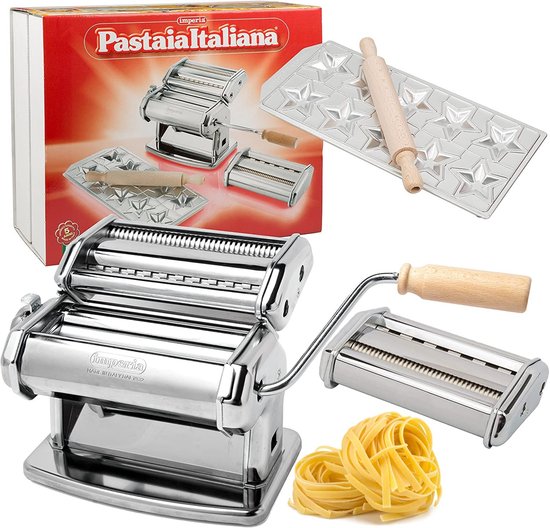 SnelShoppen - Pasta Maker Set - Italiaanse Pasta Machine met Ravioli Vorm, Snij- en Rolaccessoires - Compleet Pastakookset voor Thuis - Zilver - Keuke