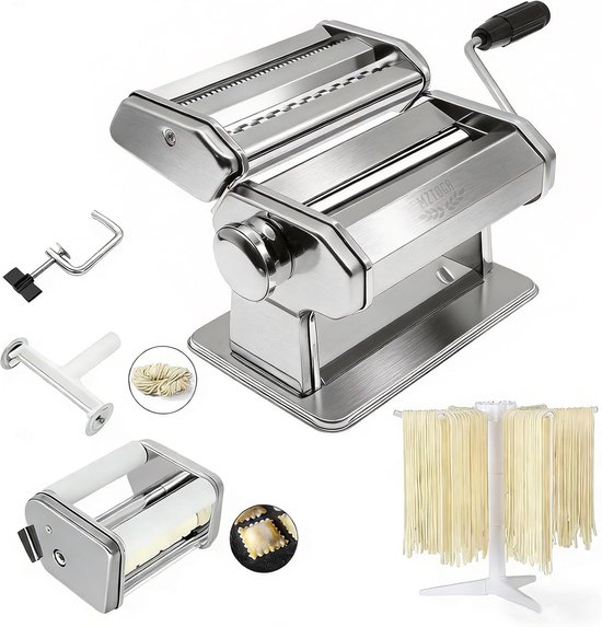 SnelShoppen - Pasta & Ravioli Maker Set van 6-delig, 150mm RVS Noodle Maker Machine met 9 Instelbare Dikte-instellingen, Inclusief Ravioli Maker en Pa