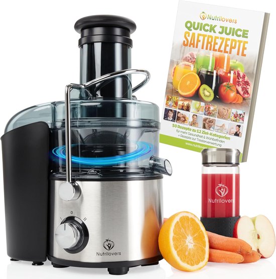SnelShoppen - QUICK-JUICER MAX Juicer voor Fruit en Groenten, XXL Inwerpopening, Roestvrijstaal Zeef, Externe Afvalbak, 800 W, BPA-vrije Drinkfles + R