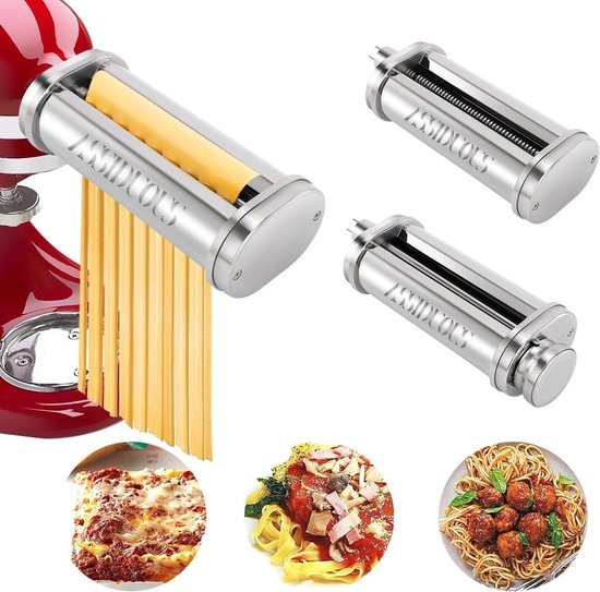 SnelShoppen - RVS Pasta Accessoire voor Keukenmachine, 3-delige Set met Rol- en Snijfunctie voor Pasta, Geschikt voor Kitchenaid, Waterwasbaar met Bor