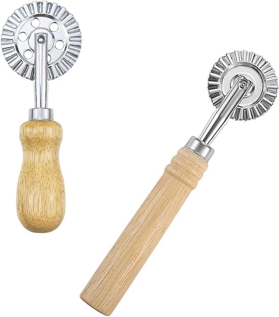 SnelShoppen - Set van 2 deegrollers met houten handvat - 16 cm & 14 cm golfwiel voor ravioli & pasta - professionele deegsnijder van zinklegering - in