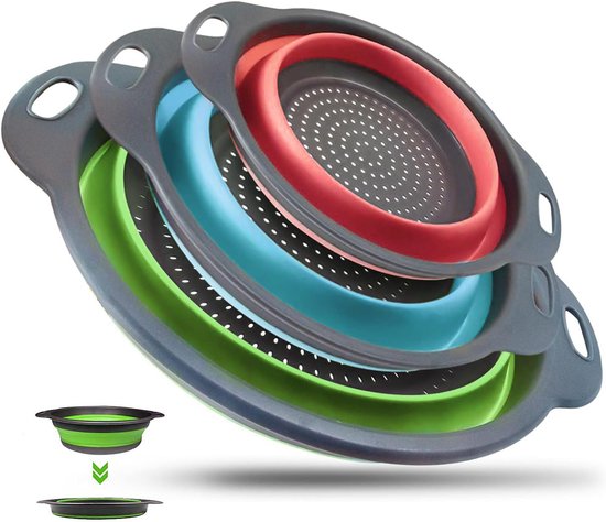 SnelShoppen - Set van 3 Vouwbare Keukenzeefjes - Multifunctionele Pasta- en Groentezeef - Hoogwaardige Silicone en PP Materialen - Ruimtebesparend - 3