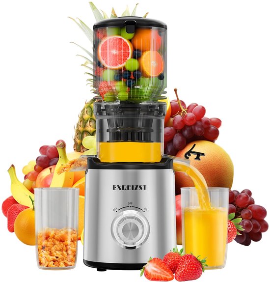 SnelShoppen - Slow Juicer 130 mm Vulschacht | Exreizst MP-802P Testwinnaar | 1,5L BPA-vrij en Tritan | Stil & Gemakkelijk te Reinigen | Ideaal voor Ge