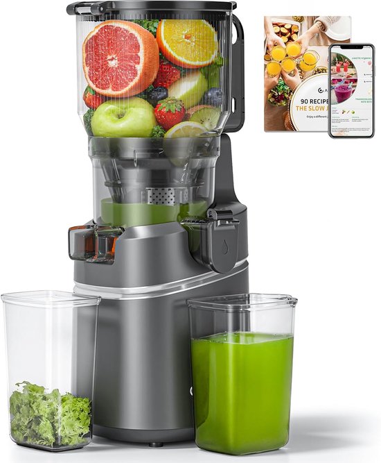 SnelShoppen - Slow Juicer 250W - Automatische Koudgeperste Sapcentrifuge met 150 mm XL Vulopening, 2 Liter Inhoud, Drievoudig Filter, Grijs voor Keuke