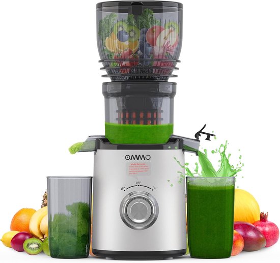 SnelShoppen - Slow Juicer 300W - Graft Safter voor Groenten en Fruit - 148mm Brede Vulopening - Eenvoudig Schoon te Maken - BPA-vrij - Zilver - Keuken