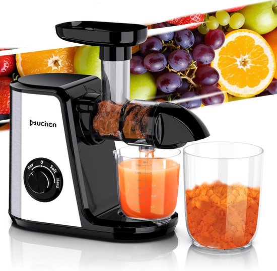 SnelShoppen - Slow Juicer voor Fruit en Groenten - 150W Stille Motor, Twee Snelheden, RVS Design in Zwart en Zilver, Inclusief Receptenboek - Perfect