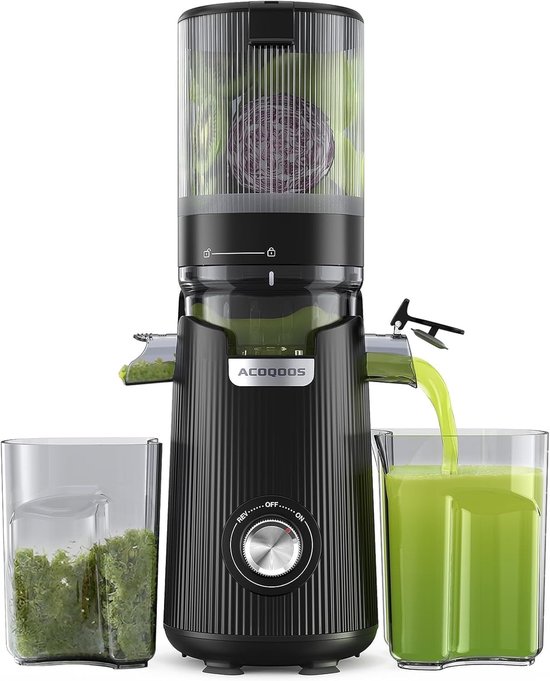 SnelShoppen - Slow Juicer voor Hele Fruit en Groenten, 135 mm Voeropening, 1.8 L Inhoud, Eenvoudig Schoon te Maken, Elektrische Juicer Zwart met 2 Gla