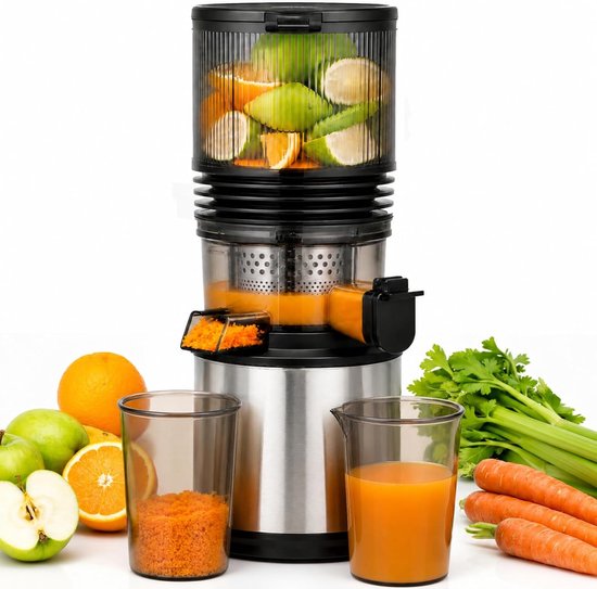 SnelShoppen - Slowjuicer Koudpers 158 mm Brede Vulopening, 2 L Vulkamer, 55 rpm, 250 W DC-motor, 45 dB Geluid, 3-traps Roestvrijstalen Filtersysteem v
