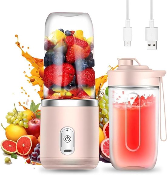 SnelShoppen - Smoothie Maker Draagbare Mixer 400 ml - Mini-Blender met 6 Messen - Roestvrij Staal - USB-Oplaadbaar - Ideaal voor Babyvoeding, Sap, Jam