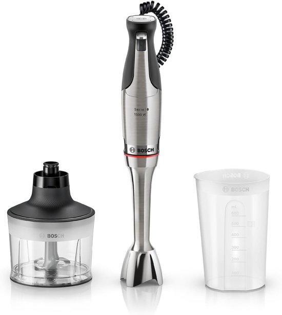 SnelShoppen - Staafmixer 1500W ErgoMaster Series 8, Intuïtieve Snelheidsbediening, Zesbladig Mes, Inclusief Accessoires, Roestvrij Staal, Perfect voor