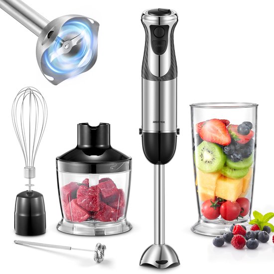 SnelShoppen - Staafmixer 5-in-1 Roestvrij Staal 1000 W met 12 Snelheden en Turbo-modi, Inclusief Garde, Melkopschuimer, 500 ml Voedselhakmolen en Maat