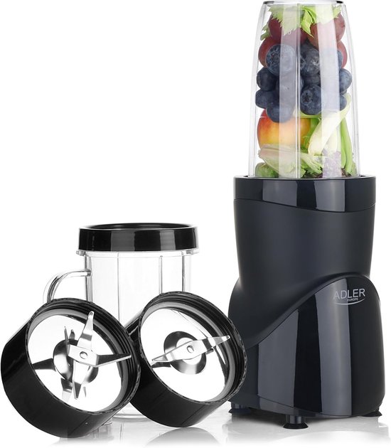 SnelShoppen - Staande mixer, Smoothie- en Cocktailmixer, Persoonlijke Blender, IJscrusher, 1200 W, BPA-vrij, 3 Flessen en Beker, Roestvrijstalen Messe