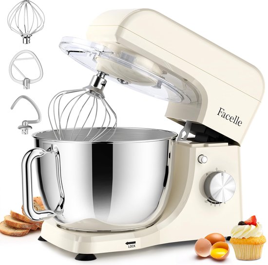 SnelShoppen - Stand Mixer Wit - 5.5L Keukenmachine met 6 Snelheden en Kneedhaak voor Bakken, Mixen, Kloppen, Perfect voor Taarten en Brood van Snelshoppen