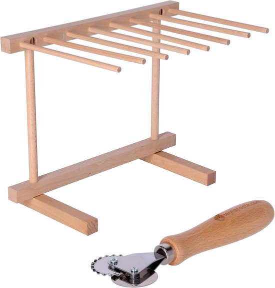 SnelShoppen - Tagliapasta Houten Noodle Dryer met RVS Wieltje, 36 x 30 cm, Ideale Droogrek voor Zelfgemaakte Pasta, Keuken Accessoire voor Pasta, Tagl