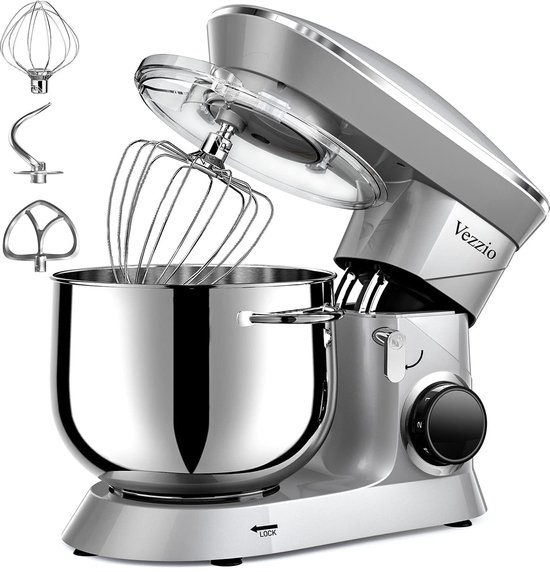 SnelShoppen - Vezzio Food Processor Kneedmachine 1500W, Geluidsarm, 10 Snelheden, 8.5L RVS Kom, Kneedhaken, Mixborstel, Zilver, Voor Bakken en Koken