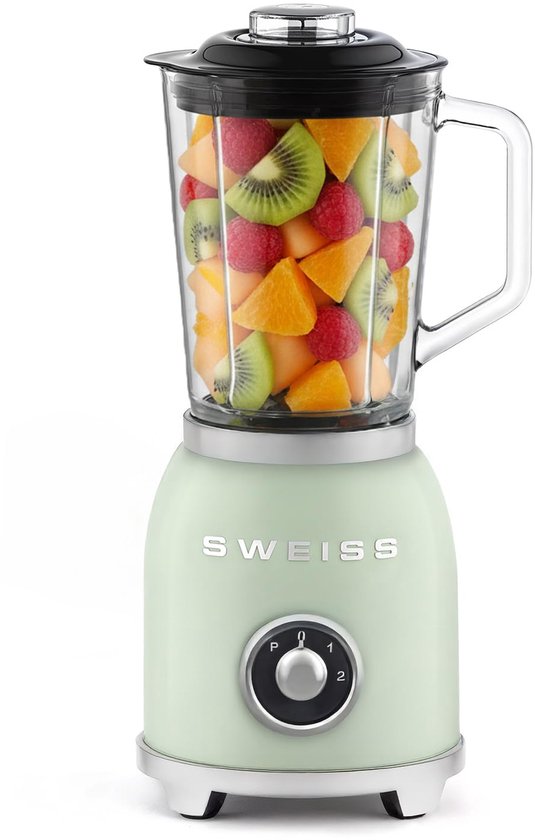 SnelShoppen - Vintage Smoothie Blender 1,5L Groen met 2 Snelheden, Pulsfunctie, 6 RVS Messen, Glazen Kom, Veiligheidsschakelaar en Antislipvoeten - Id