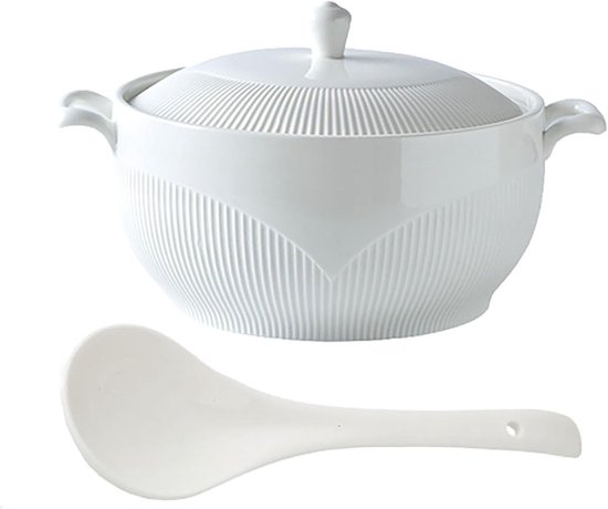 SnelShoppen - Witte Terrine met 2 Handvatten, Porselein Soepterrine met Deksel en Lepel, Groot Capaciteit, Geschikt voor Magnetron, Oven, Vaatwasser -