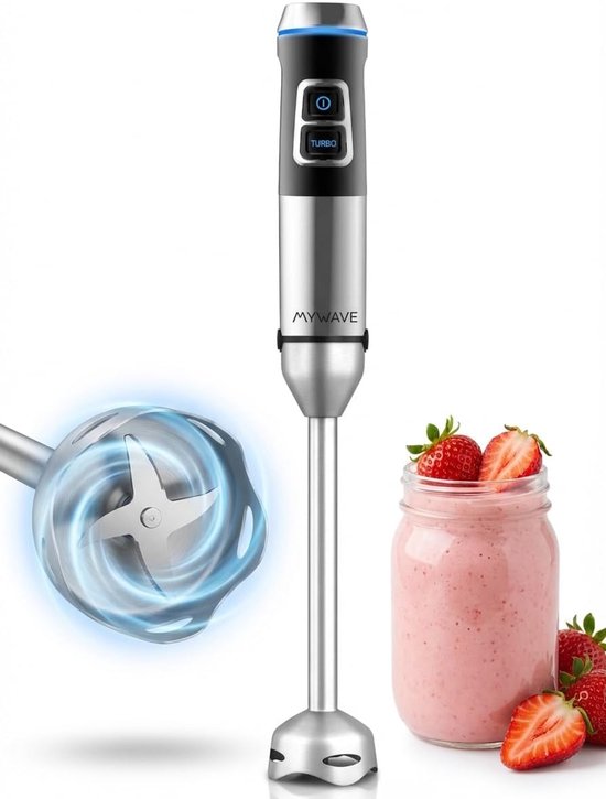 SnelShoppen - XXL Mixer 1500 W met Extra Lange Voet 22 cm, Turbo-Functie, LED-Lichtbediening, Variabele Snelheid, Roestvrij Staal, Perfect voor Keuken