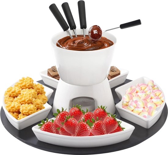 SNJY® Fondueset - Kaasfondue - Chocolade Fondue - Fonduepan - 4 Vorken - Wit