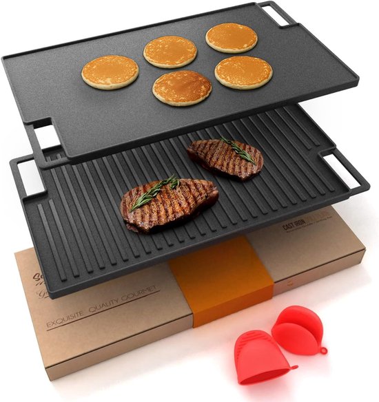 SNJY® Grillplaat Inductie - Bakplaat Inductie - Grill Apparaat - Gietijzeren Pan - Omkeerbaar - 45,8 x 25,5 - Zwart