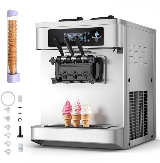 Softijsmachine - Commerciële ijsmachine - 3 Smaken - 20–28 l/uur - 2200 W - 2 x 6 l containers - Voorkoeling - Waarschuwing bij laag mengniveau van Merkloos