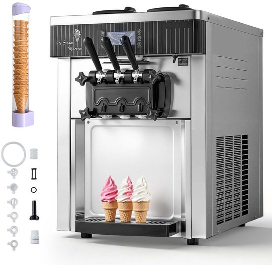 Softijsmachine / Softijs Machine - Commercieel Tafelmodel - Capaciteit 20–28 l/uur - Vermogen 2200 W - Twee 6 l Containers - Voorkoeling - Zelfreiniging - LED-display - Zilver van Merkloos