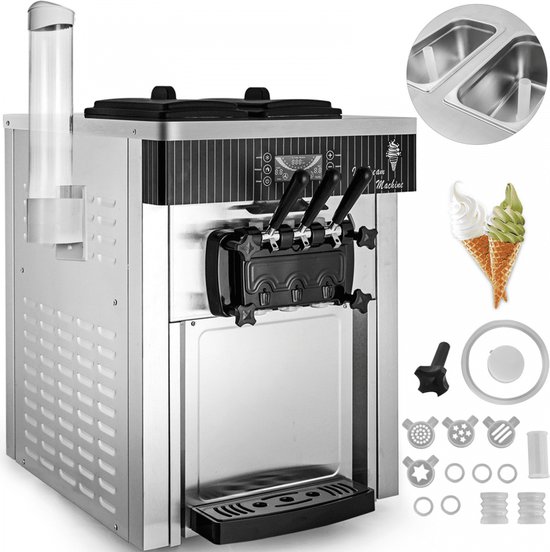 Softijsmachine - Tafelmodel IJsmachine - Vermogen 2200 W - Dubbele 6 L Reservoirs - Spanning 220 V - Roestvrij staal - Met hoorntjeshouder - Wit van Merkloos