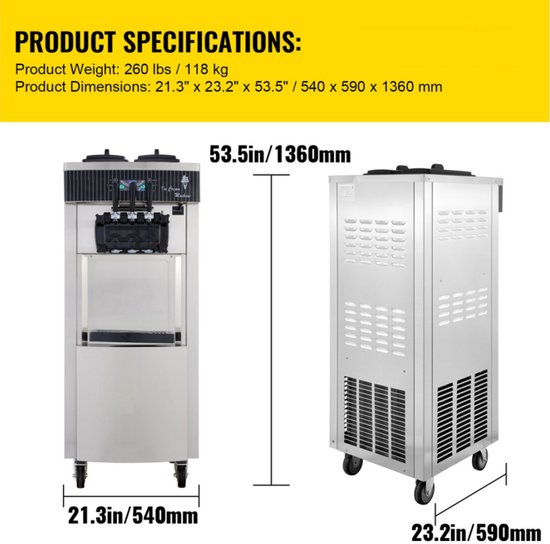 Softijsmachine Verticale Zachte IJs Machine - 2200 W Vermogen - 2x 6 L Inhoud - RVS Materiaal - Horeca Gebruik