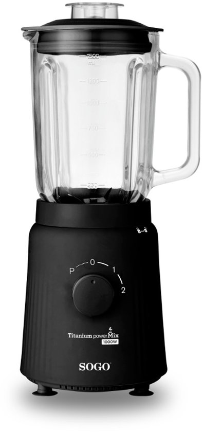 SOGO Blender met Glazen Kan - 1.5 Liter - Titanium Messen - 2 Snelheden + Puls-functie - IJsmaler - Blender Smoothie - 1000W - Zwart van Merkloos