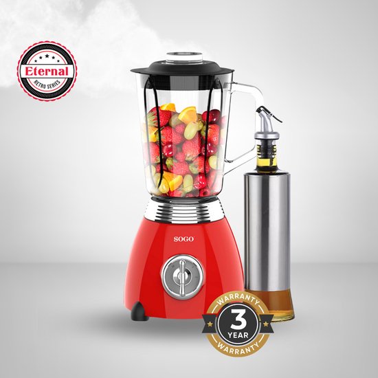 SOGO SS-5560 Retro Rode Power Blender met 1.5l Glazen Kan Inclusief Maxenza Design Glazen Olie Fles van Merkloos