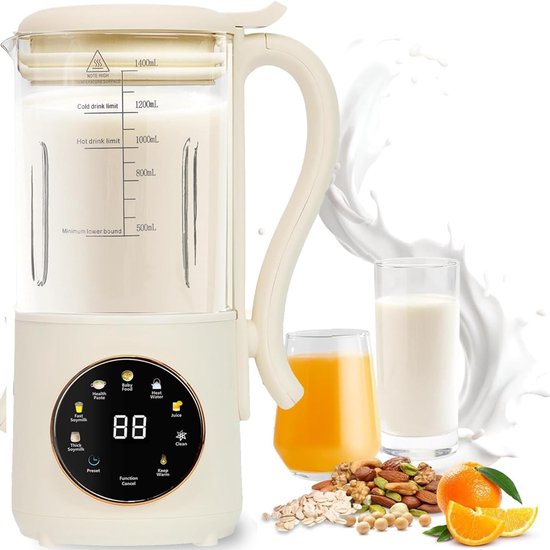 Sojamelkmaker - Hogesnelheidsblender - 1400ml Multifunctionele Blender - 8 Programma's & Verwarmd - Met LED Scherm & Zelfreinigend - Voor Soja, Sap & Puree - Ideaal voor Keuken & Gezin