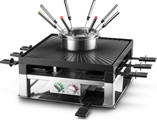 Solis Combi Tafelgrill 3 in 1 796 Gourmetstel 8 Personen - Fondue, Raclette & Grill - Fondueset - Anti Aanbaklaag - 1.3L Fonduepan - Zilver/Zwart