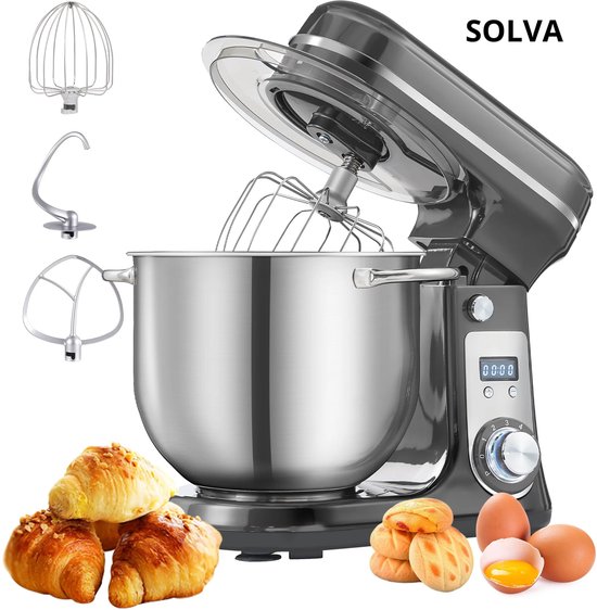 SOLVA Keukenmachines - Deegmachine - Kneedmachine - Deegmixer - 6 Versnellingen - 1200W - 240V - 6L - 35,1×28,5×31,2 cm - Grijs van Merkloos