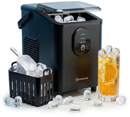 Sommertal IJsblokjesmachine EM12S | IJsmachine 12 kg/24 uur | IJsblokjesmachine met handgreep | extra grote 0,3 kg kogelvormige ijsblokjes in 20 minuten | stil 50 dB | IJsmachine voor keuken, kantoor en feestjes van Merkloos