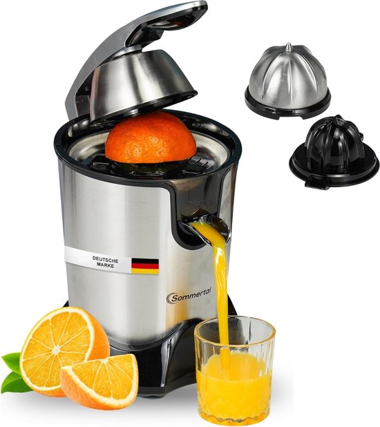 Sommertal Sapcentrifuge CP850 – Elektrische Citruspers, 850W Motor, Roestvrijstalen Behuizing, 2 Perskegels voor Sinaasappels, Citroenen, Limoenen en Grapefruits, Handmatige Bedieningsoptie van Merkloos